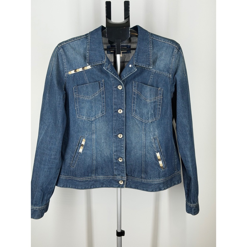 Natural Reflections Womens XL Blue Denim Jacket Beaded Accent Medium Wash Cotton